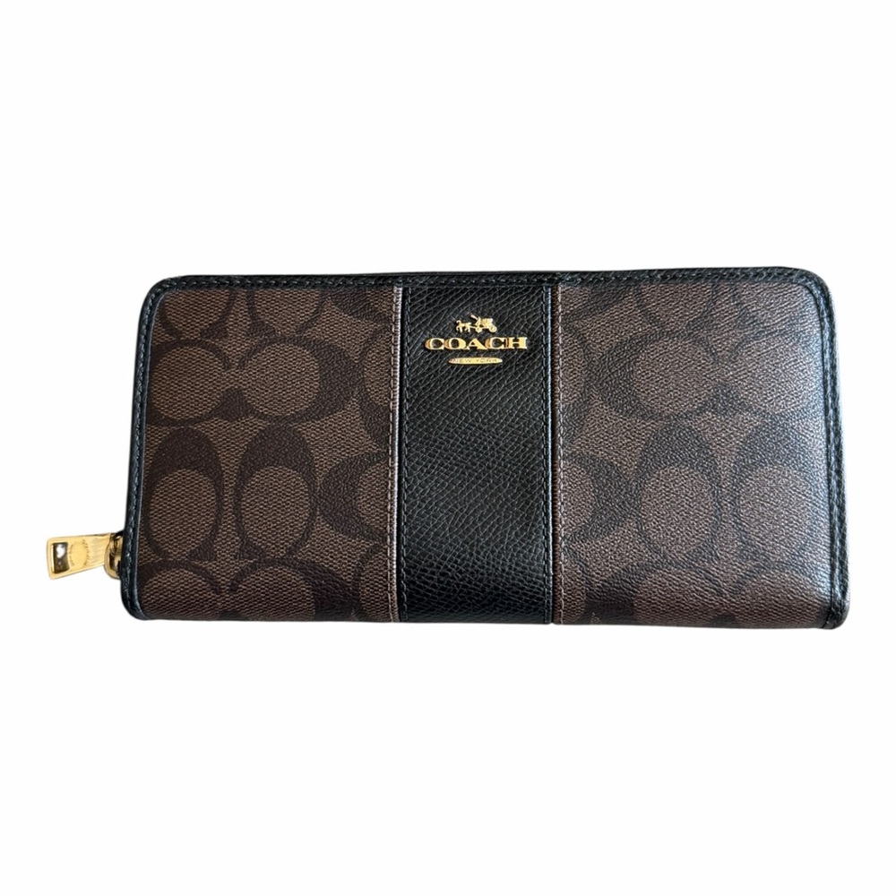 Coach Signature Canvas Accordion Zip Around Wallet Brown Black Leather Stripe